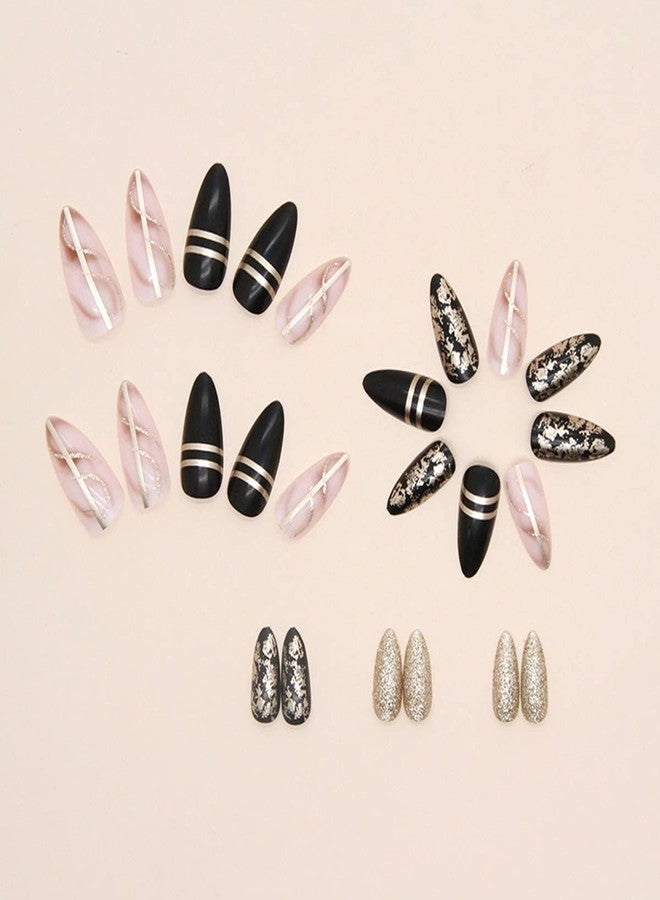 BSBTBZ Black Almond Press on Nails Medium Length Gold Foil Fake Nails with Gold Foil Glitter Line Designs Glossy Coffin Nails Full Cover Nail Tips Glue on Nails Artificial Acrylic False Nails for Women 24Pcs - Image 3